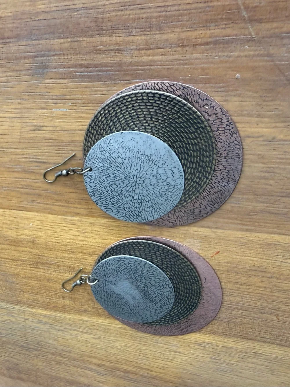 Vintage Layered Metallic Disc Drop Earrings - Silver, Bronze & Rose